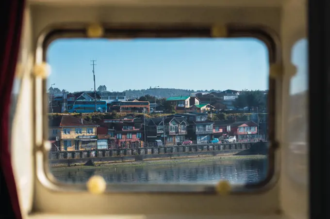 Quellón seen from inside the ferry boat. Chiloé, Chile.