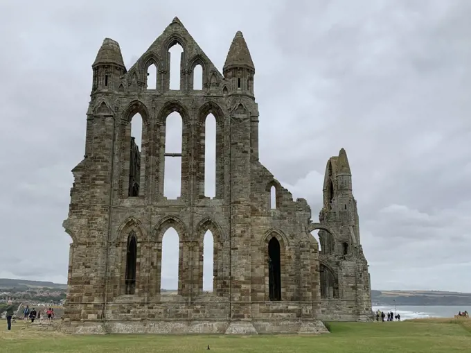 Whitby Abbey Faí§ade with People on Overcast Day