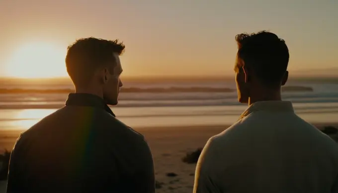 Image AI. Image of two gay men on the beach looking at the sea