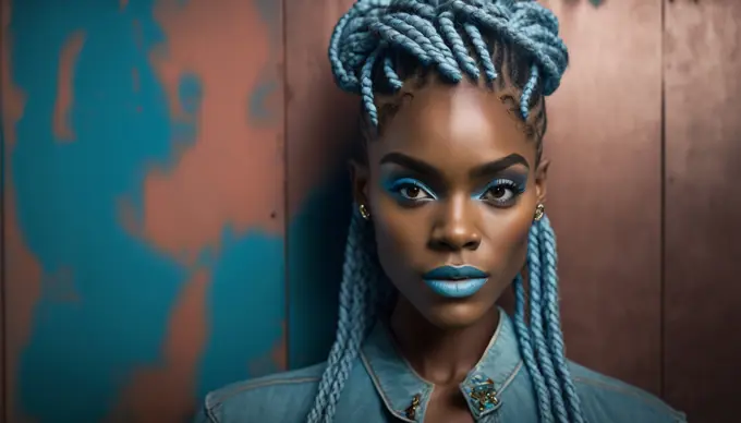 Image Generated AI. Afro female model wearing light blue braids