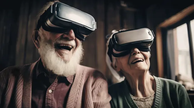 Happy senior couple using virtual reality glasses  AI generated