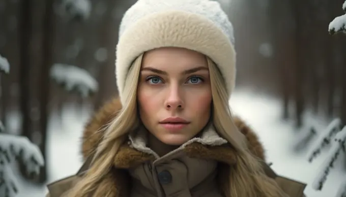 Image AI. Portrait of a beautiful blond hair woman in a snowy forest