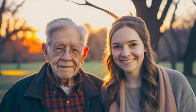 Image AI. Portrait of a elder man and his granddauther