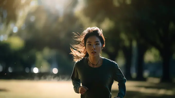 Image Generated AI. Beautiful young asiatic lady running in a park