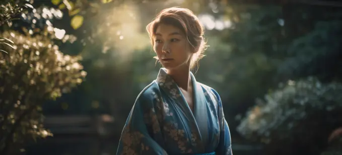 Image Generated AI. Japanese woman wearing blue kimono in a  garden