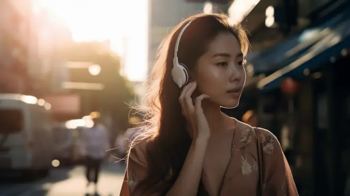 Image Generated AI. Asian woman listening music on street