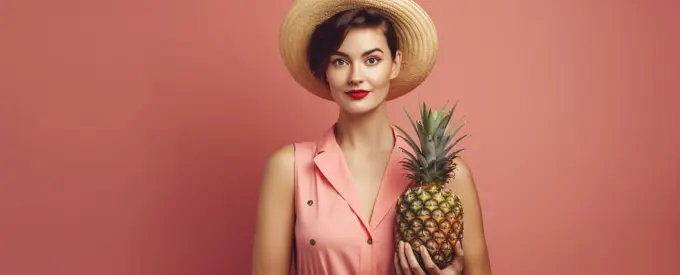 Image Generated AI. Woman on spring/summer clothes holding a pineappel