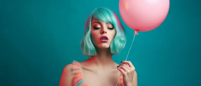 Image Generated AI. Carefree woman on aquamarine wig holding a balloon