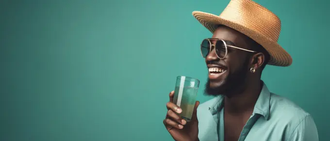 Image Generated AI. Happy afro man  having cocktail