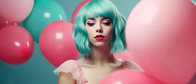 Image Generated AI. Woman on  blue wig standing among balloons