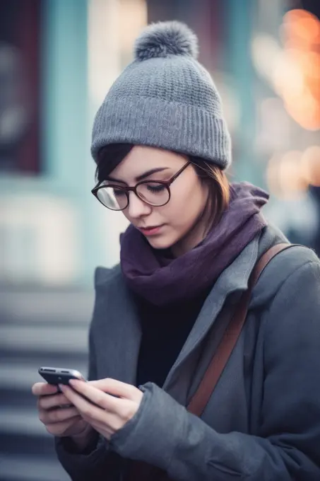 Portrait of young  girl in light coat and scarf AI Generative