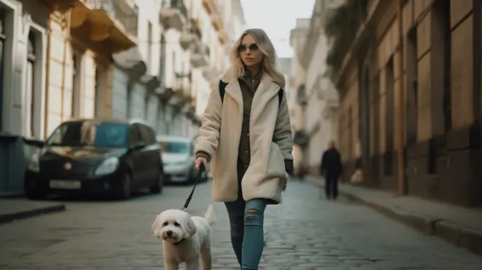 Image Generated AI. Young adult blonde woman walking with his dog