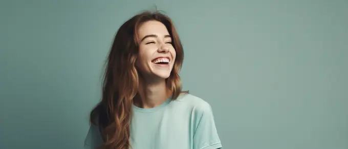 Image Generated AI. Young brunette female laughing happily