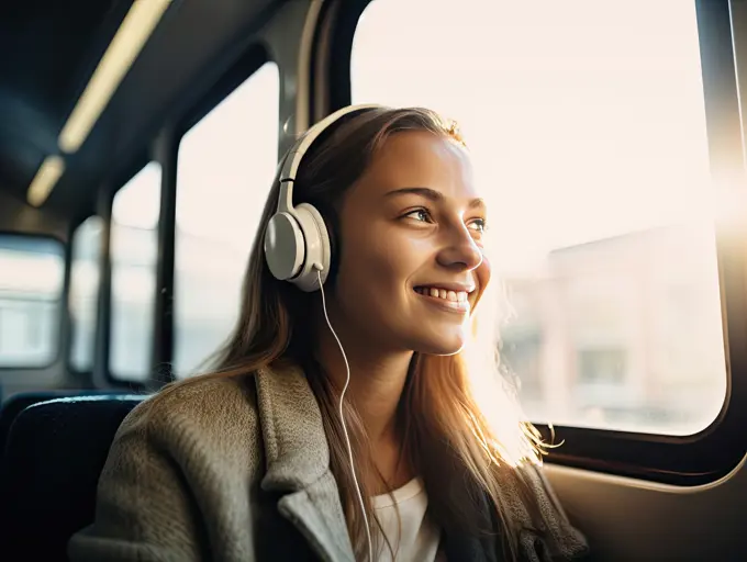 Young girl with headphones traveling by train. AI generative.