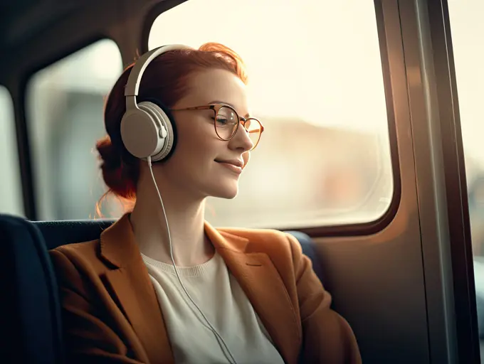 Young girl with headphones traveling by train. AI generative.