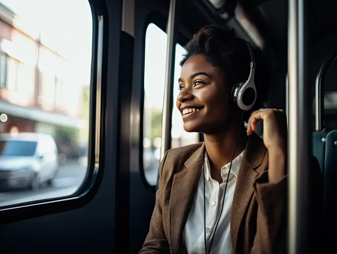 Young girl with headphones traveling by train. AI generative.