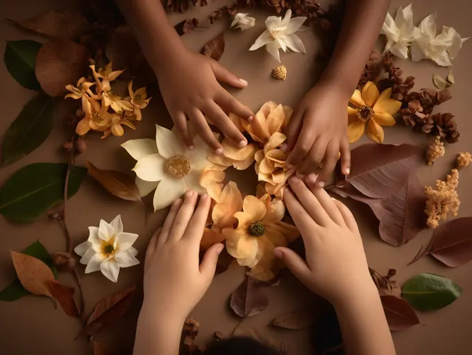 AI Generative. Flowers and leaves in child's hands, flat lay, top view