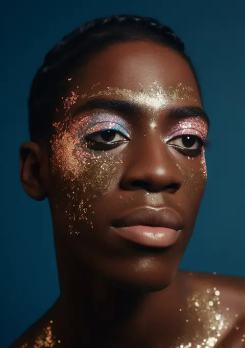 AI Generative. African American male with glowing neon glitter makeup