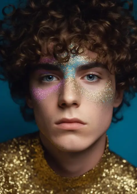 AI Generative. Curly haired male with glowing neon glitter makeup