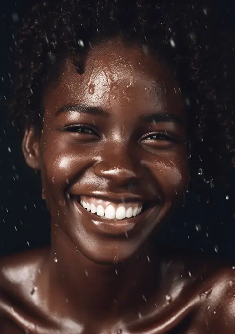 AI Generative. Cute African American splashes water to clean her face