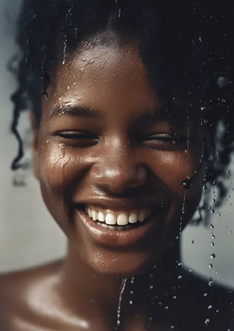 AI Generative. Cute African American splashes water to clean her face