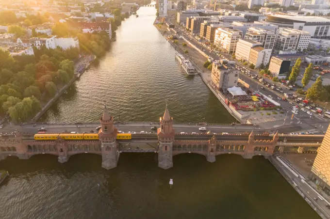 Aerial of Oberbaum Bridge in Friedrichshain., Berlin, Germany