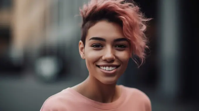 Image Generated AI. Latinamerican girl with hair on pink smiling