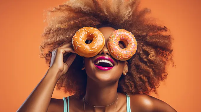 Image Generated AI. Afro young woman with donuts as glasses