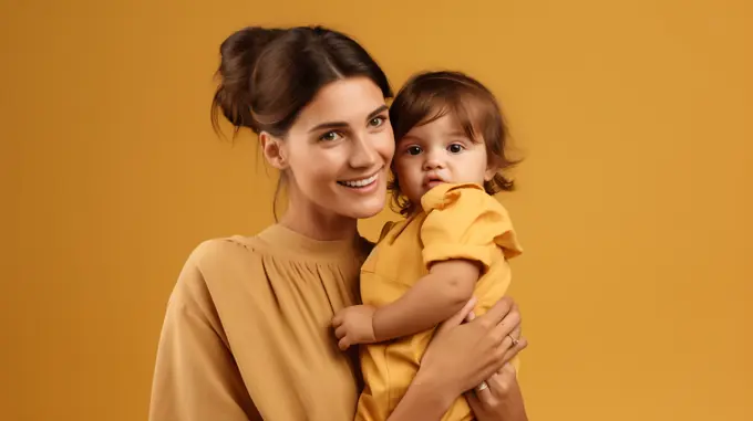 Image Generated AI. Happy  mother and child on yellow flat background