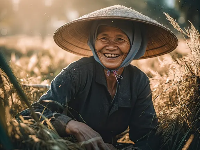 Asian woman working in a beautiful landscape. AI.