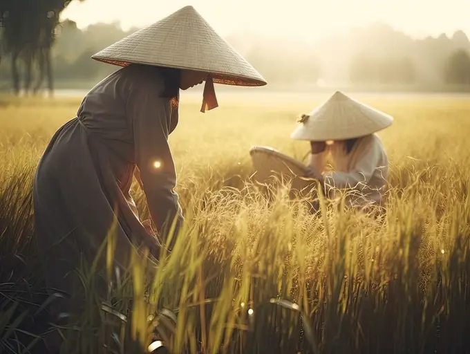 Asian women working in a beautiful landscape. AI.