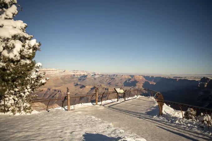 Snow covered Desert View Watchtower viewing platform, Grand Canyon