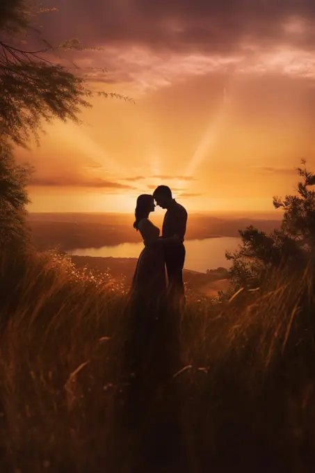 Silhouette of a couple embracing at romantic sunset. Generative AI
