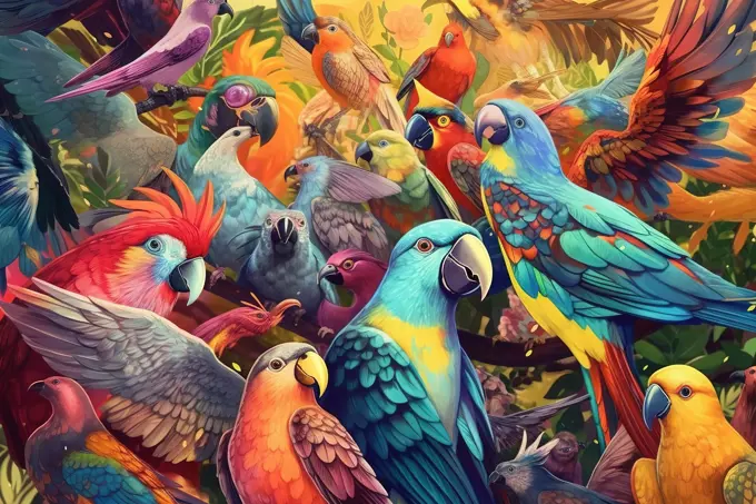 Colorful exotic birds background. Generative AI