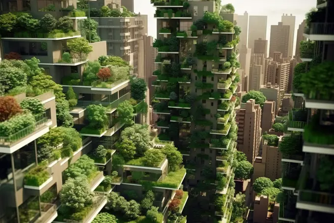 Urban landscape with green ecological buildings. Generative AI
