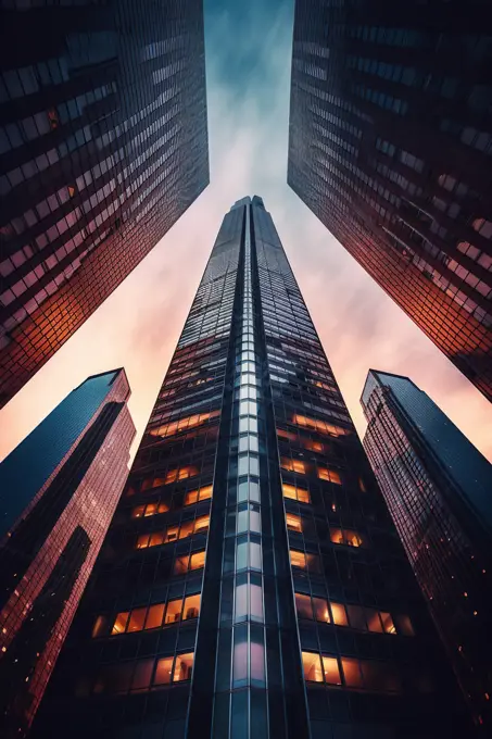 Stunning low angle view of modern skyscrapers at sunset. Generative AI