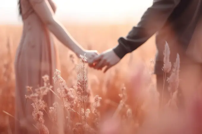 Romantic shot of couple holding hands in rural field. Generative AI