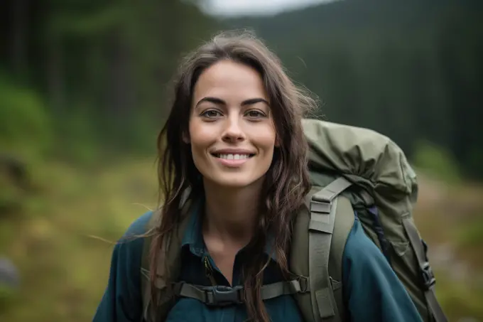 Happy backpacker woman exploring forest alone. Generative AI