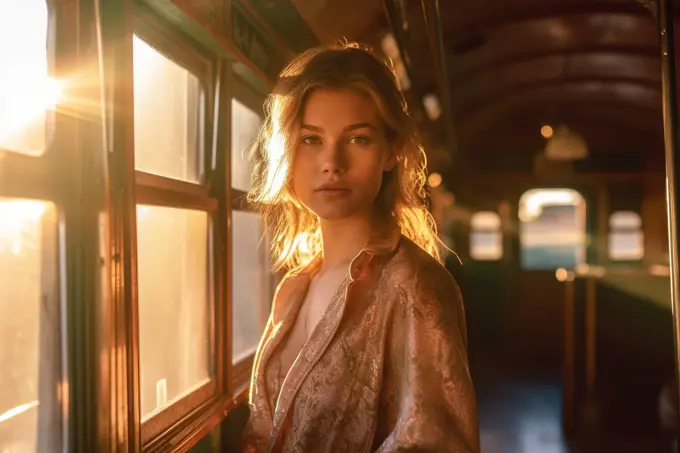 Gorgeous woman portrait posing inside abandoned train. Generative AI