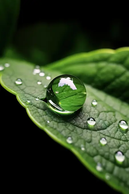 Macro shot of dewdrop on green leaf. Generative AI