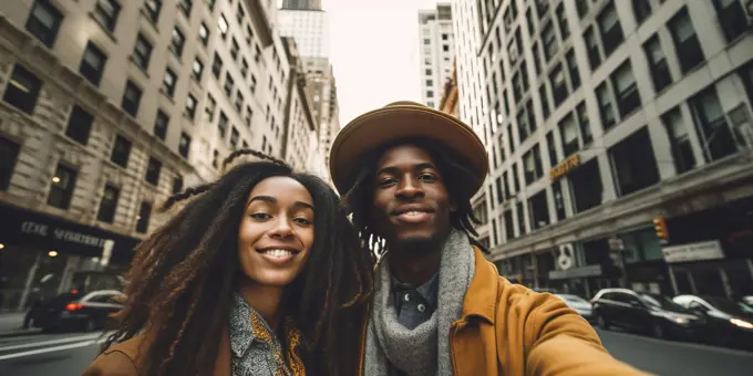 Selfie of young African American couple in New York. Generative AI
