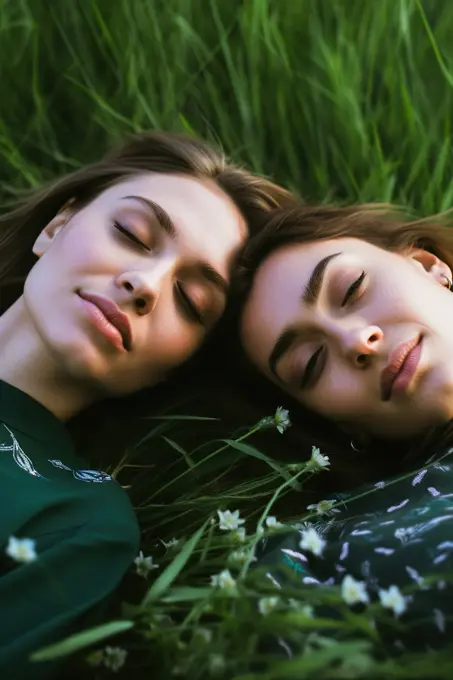 Girls relaxing while laying in green grass together. Generative AI