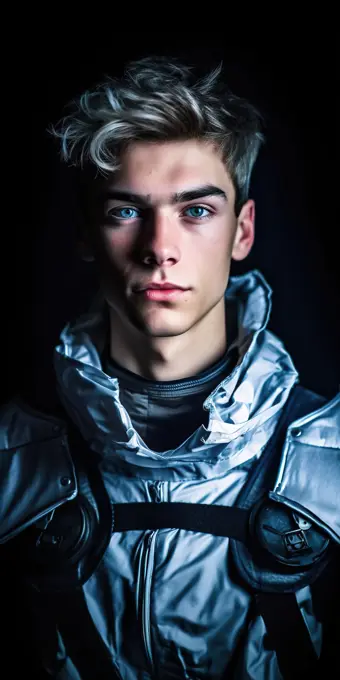 Teenage boy portrait wearing a modern silver suit. Generative AI