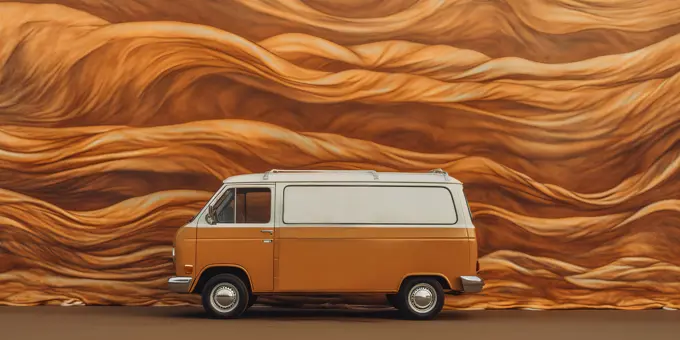 Vintage brown classic mini van over abstract wall mural. Generative AI