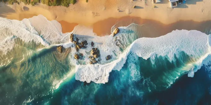 Aerial top view of golden sand beach and turquoise water.Generative AI
