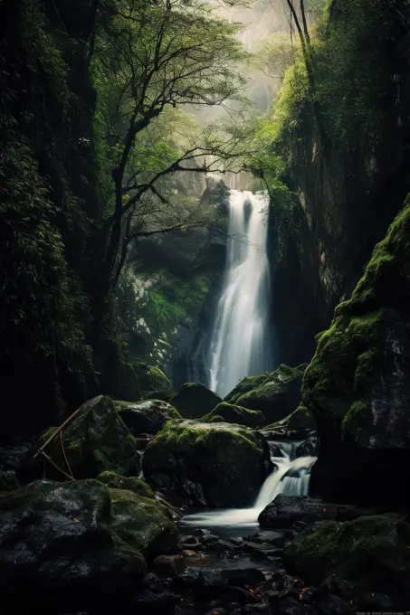 Mystic shot of waterfall in rain forest. Generative AI