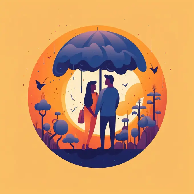Minimalist illustration of couple under umbrella. Generative AI