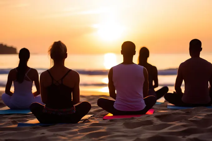 Yoga practice with people meditating by the beach. Generative AI