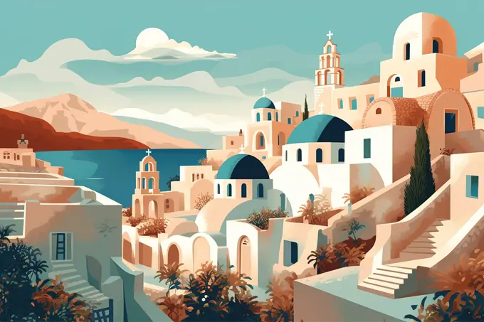 Illustration of Santorini Greece travel poster. Generative AI