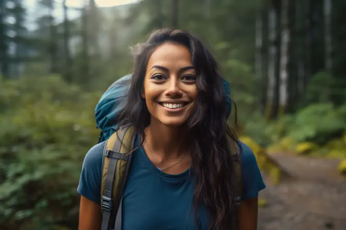Latin woman smiling at camera on hiking day in forest. Generative AI